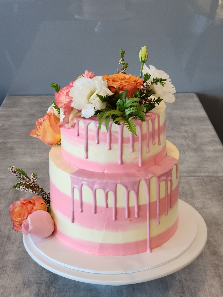 Baby Announcement Fresh Flower Drip Cake